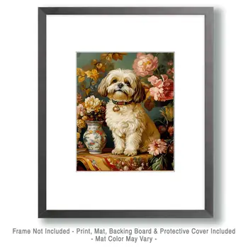 Shih Tzu by Vase - Pet Dog Still Life Wall Art Prints – 8″x10″ Artwork for 11″x14″ Frame