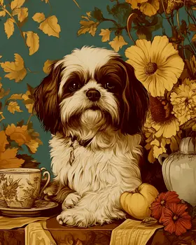 Vintage Shih Tzu - Pet Dog Still Life Wall Art Prints – 8″x10″ Artwork for 11″x14″ Frame