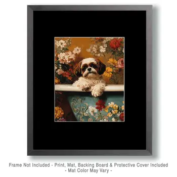 Shih Tzu in Bathtub - Pet Dog Still Life Wall Art Prints – 8″x10″ Artwork for 11″x14″ Frame