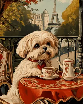 Shih Tzu at a Paris Cafe - Pet Dog Still Life Wall Art Prints – 8″x10″ Artwork for 11″x14″ Frame