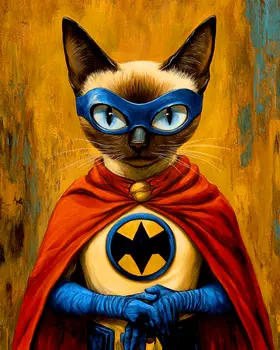 Bat Cat Ready and Waiting - Pet Superheros Art Prints – 8″x10″ Artwork for 11″x14″ Frame