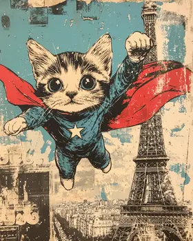Vintage Kitty Hero Over Paris - Pet Superheros Art Prints – 8″x10″ Artwork for 11″x14″ Frame
