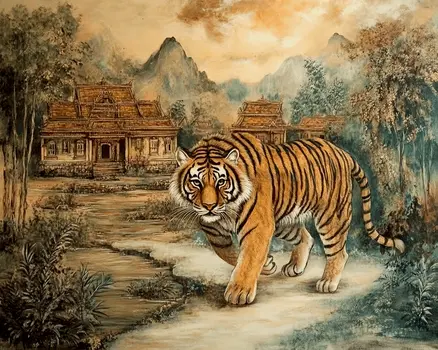 Tiger #2 - Rattanakosin Style Wall Art Prints – 8″x10″ Artwork for 11″x14″ Frame