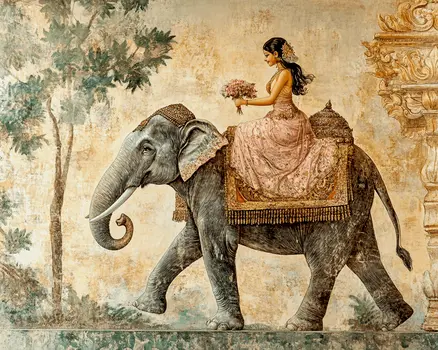 Elephant with Rider #1 - Rattanakosin Style Wall Art Prints – 8″x10″ Artwork for 11″x14″ Frame