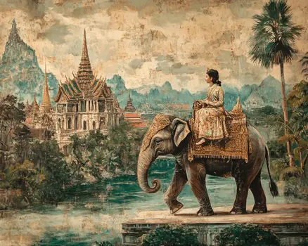 Elephant with Rider #2 - Rattanakosin Style Wall Art Prints – 8″x10″ Artwork for 11″x14″ Frame