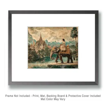 Elephant with Rider #2 - Rattanakosin Style Wall Art Prints – 8″x10″ Artwork for 11″x14″ Frame