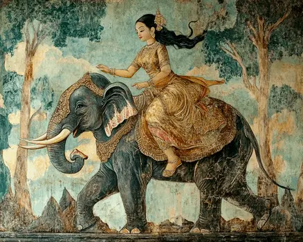Elephant with Rider #3 - Rattanakosin Style Wall Art Prints – 8″x10″ Artwork for 11″x14″ Frame
