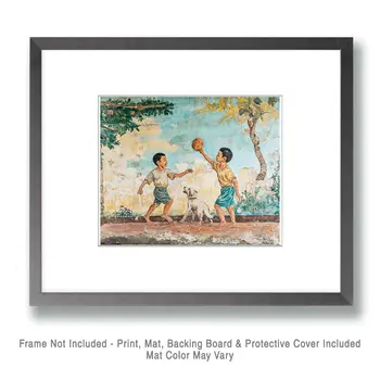 Children with Dog #1 - Rattanakosin Style Wall Art Prints – 8″x10″ Artwork for 11″x14″ Frame