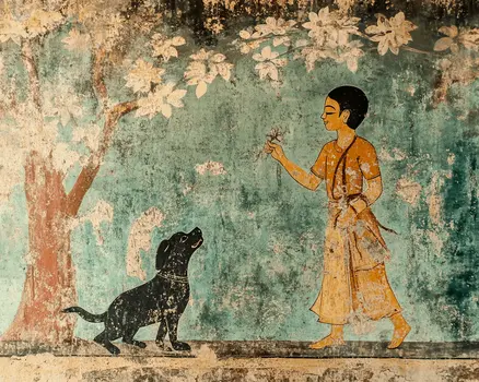 Child with Dog #2 - Rattanakosin Style Wall Art Prints – 8″x10″ Artwork for 11″x14″ Frame
