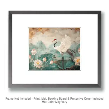 White Crane Among White Lotus - Rattanakosin Style Wall Art Prints – 8″x10″ Artwork for 11″x14″ Frame