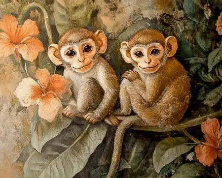 Monkeys #1 - Rattanakosin Style Wall Art Prints – 8″x10″ Artwork for 11″x14″ Frame
