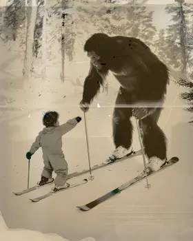 Bigfoot Ski Lesson - Sasquatch Cryptid Art Prints - 8"x10" Art Print for 11"x14" Frame