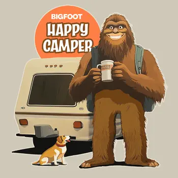 Bigfoot Happy Camper - Sasquatch Cryptid Art Prints - 8"x8" Art Print for 12"x12" Frame