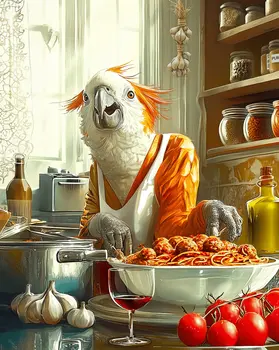 Chatty Cockatoo Cooking  - Gourmet Animal Wall Art Prints – 8″x10″ Artwork for 11″x14″ Frame