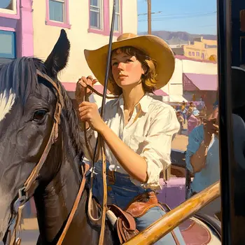 Cowgirl, Horse Shopping - Cowgirl Western Art Prints  8"x8" Artwork for 12"x12" Frame