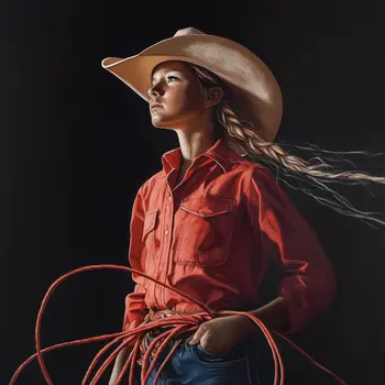 Cowgirl Red Rope - Cowgirl Western Art Prints 8"x8" Artwork for 12"x12" Frame