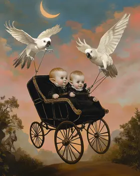 Fairy Babies with Cockatoo Nannies - Little Bit Grim Fairytale Prints – 8″x10″ Artwork in 10″x12″ Mat
