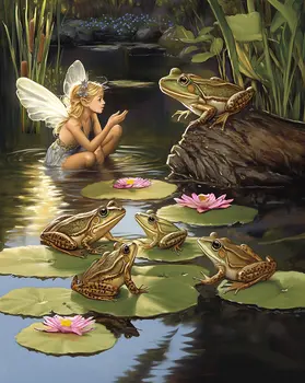 Fairy Chatting With Frogs in Lily Pad Pond - Fairytale Prints – 8″x10″ Artwork in 10″x12″ Mat
