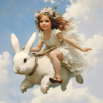 Fairy Riding A Bunny Rabbit -  Fairy Art Prints – 8″x8″ Artwork in 12″x12″ Mat