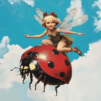 Fairy Riding Ladybug -  Fairy Art Prints – 8″x8″ Artwork in 12″x12″ Mat