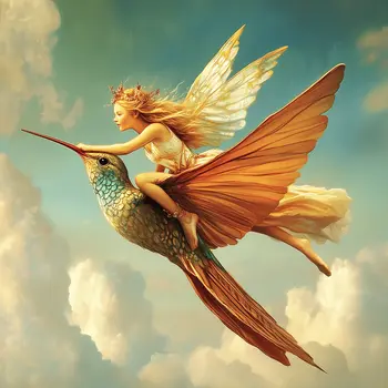 Fairy Riding a Hummingbird -  Fairy Art Prints – 8″x8″ Artwork in 12″x12″ Mat