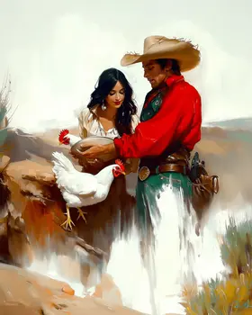 Feeding Chickens Together – Western Romance 8″x10″ Artwork in 11″x14″ Cowboy and Cowgirl Country Love