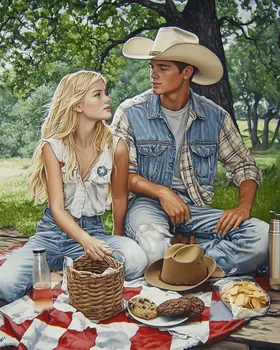 First Date – Western Romance 8″x10″ Artwork in 11″x14″ Cowboy and Cowgirl Country Love