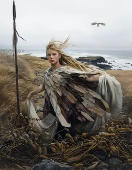 Freya with Feathered Cloak -  Fantasy Art Prints – 8″x8″ Artwork in 12″x12″ Mat