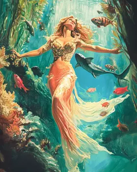 Mermaid Swimming With Friends  8″x10″ Artwork in 11″x14″ Mat