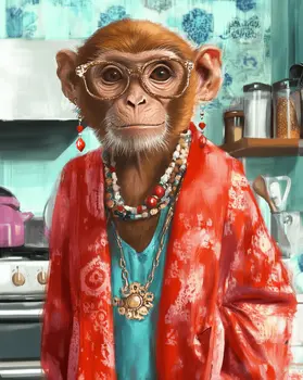Monkey Irma Keeps a Tidy Kitchen - Gourmet Animal Wall Art Prints – 8″x10″ Artwork for 11″x14″ Frame