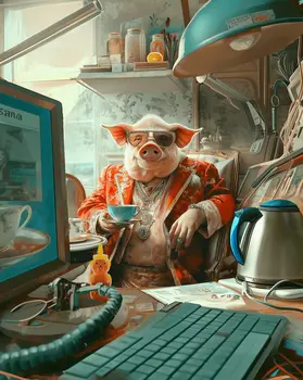 Persnickety Pig sitting in an office, drinking tea - Gourmet Animal Wall Art Prints – 8″x10″ Artwork for 11″x14″ Frame