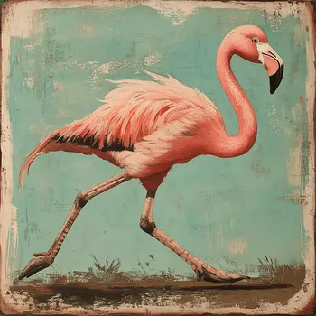 Vintage Jogging Flamingo - Wall Art Print - Souvenir Seaside Beachcore - 8"x8" Artwork - 12"x12" Mat