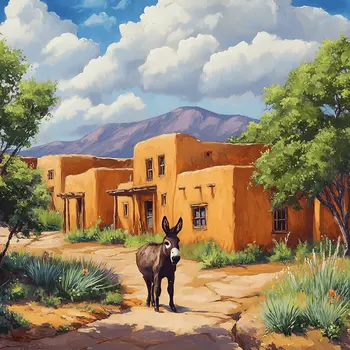 Vintage New Mexico Village with Donkey 8″x10″ Artwork in 11″x14″ Frame