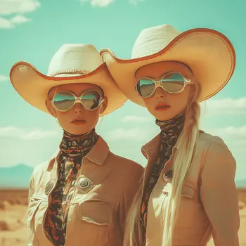 Vintage Retro Sci-Fi Twin Alien Space Cowgirls - Cowgirl Western Art Prints 8"x8" Artwork for 12"x12" Frame