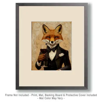 Gentleman Fox with Wine - Wine Wall Art Prints – 8″x10″ Artwork for 11″x14″ Frame
