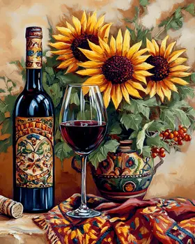 Sunflower and Wine Still-Life - Wine Wall Art Prints – 8″x10″ Artwork for 11″x14″ Frame