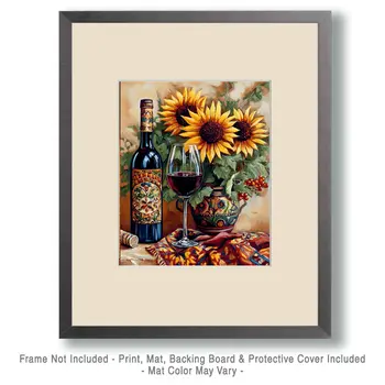 Sunflower and Wine Still-Life - Wine Wall Art Prints – 8″x10″ Artwork for 11″x14″ Frame