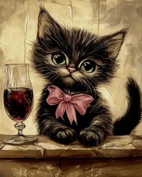 Glass of Wine and a Kitten to Play With - Wine Wall Art Prints – 8″x10″ Artwork for 11″x14″ Frame