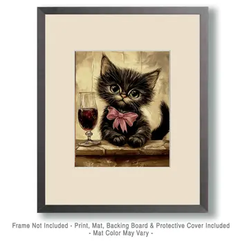 Glass of Wine and a Kitten to Play With - Wine Wall Art Prints – 8″x10″ Artwork for 11″x14″ Frame