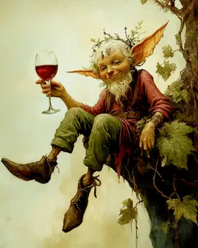 Happy Elf with Wine Glass - Wine Wall Art Prints – 8″x10″ Artwork for 11″x14″ Frame