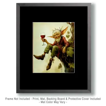 Happy Elf with Wine Glass - Wine Wall Art Prints – 8″x10″ Artwork for 11″x14″ Frame