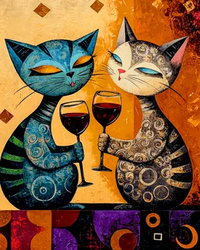 Hip Cats with Wine - Wine Wall Art Prints – 8″x10″ Artwork for 11″x14″ Frame