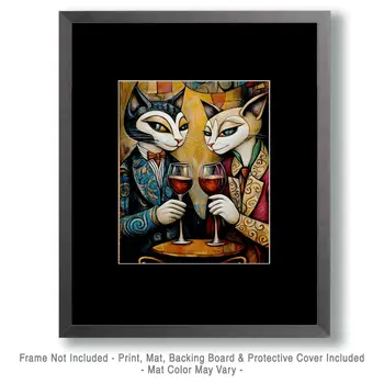 Cool Cats with Wine - Wine Wall Art Prints – 8″x10″ Artwork for 11″x14″ Frame