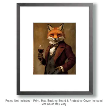Fine Red Fox with Wine Glass - Wine Wall Art Prints – 8″x10″ Artwork for 11″x14″ Frame