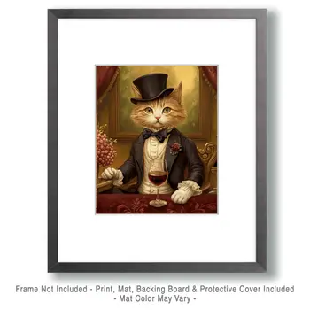 Gentleman Cat with Wine Glass - Wine Wall Art Prints – 8″x10″ Artwork for 11″x14″ Frame