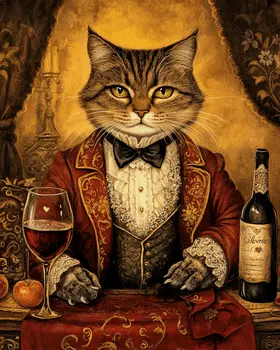 Cat Gambler with Wine - Wine Wall Art Prints – 8″x10″ Artwork for 11″x14″ Frame