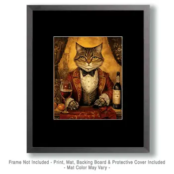 Cat Gambler with Wine - Wine Wall Art Prints – 8″x10″ Artwork for 11″x14″ Frame