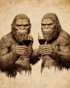 Two Bigfoot Friends with Wine - Wine Wall Art Prints – 8″x10″ Artwork for 11″x14″ Frame