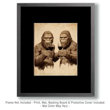 Two Bigfoot Friends with Wine - Wine Wall Art Prints – 8″x10″ Artwork for 11″x14″ Frame