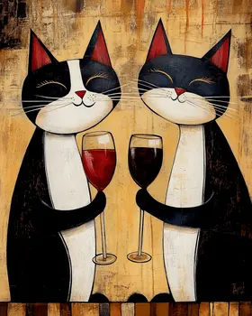 Folksy Cats with Wine Glasses - Wine Wall Art Prints – 8″x10″ Artwork for 11″x14″ Frame